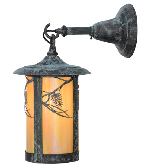 Meyda Lighting Fulton 8" Verdigris Whispering Pines Hanging Wall Sconce With Beige Iridescent Shade Glass