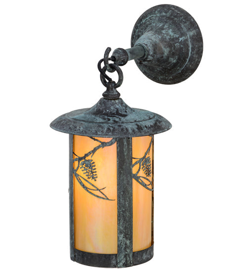 Meyda Lighting Fulton 8" Verdigris Whispering Pines Hanging Wall Sconce With Beige Iridescent Shade Glass