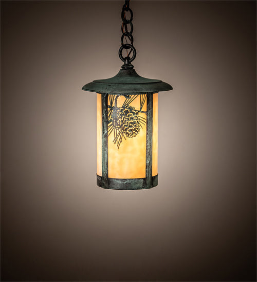 Meyda Lighting Fulton 8" Verdigris Winter Pine Mini Pendant Light With Beige Art Shade Glass