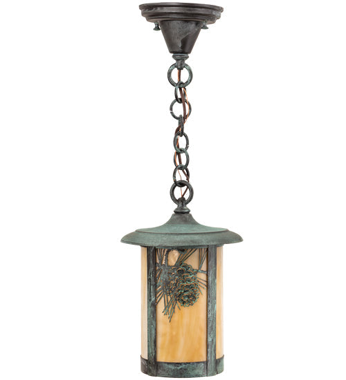 Meyda Lighting Fulton 8" Verdigris Winter Pine Mini Pendant Light With Beige Art Shade Glass