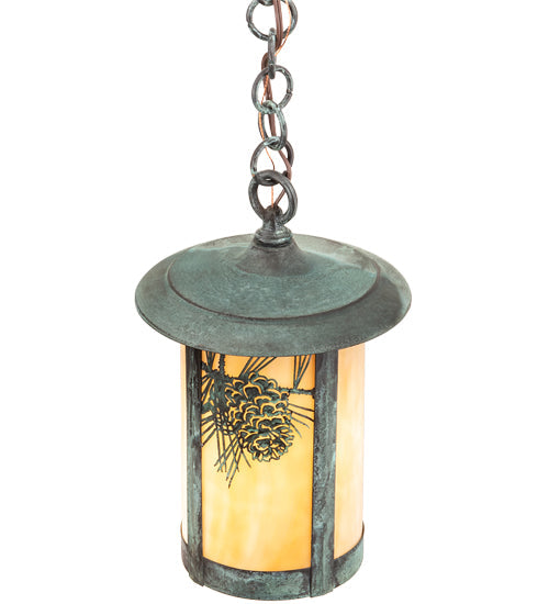 Meyda Lighting Fulton 8" Verdigris Winter Pine Mini Pendant Light With Beige Art Shade Glass