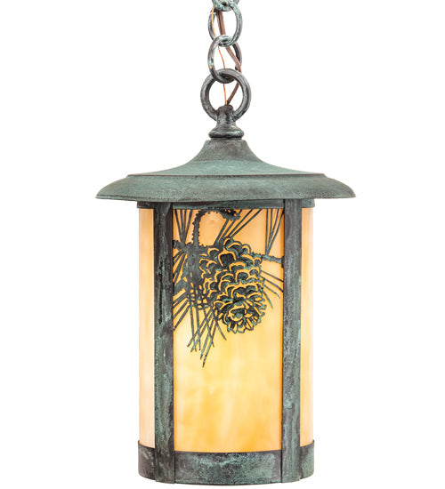 Meyda Lighting Fulton 8" Verdigris Winter Pine Mini Pendant Light With Beige Art Shade Glass