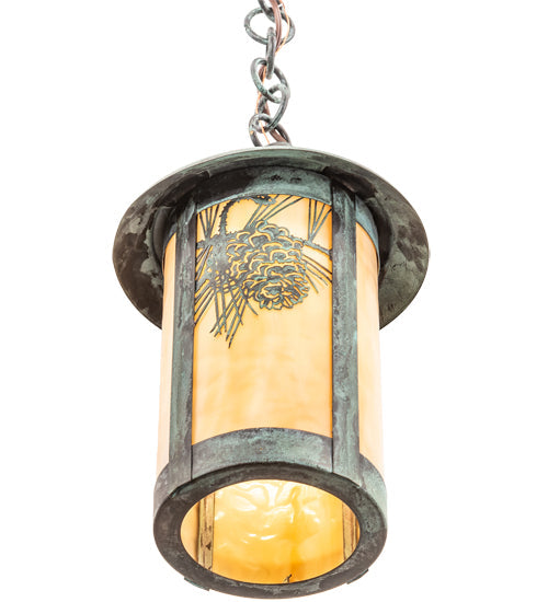 Meyda Lighting Fulton 8" Verdigris Winter Pine Mini Pendant Light With Beige Art Shade Glass