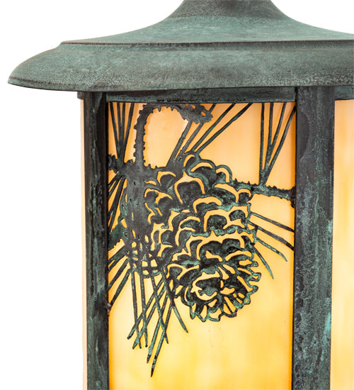 Meyda Lighting Fulton 8" Verdigris Winter Pine Mini Pendant Light With Beige Art Shade Glass