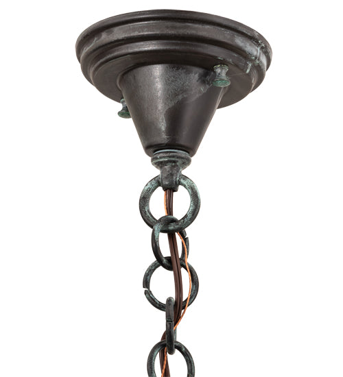 Meyda Lighting Fulton 8" Verdigris Winter Pine Mini Pendant Light With Beige Art Shade Glass