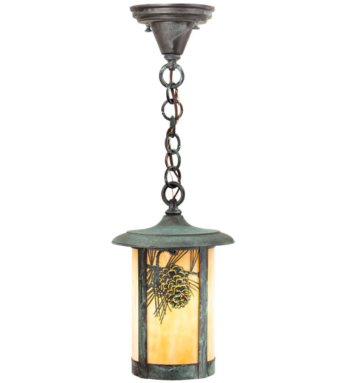 Meyda Lighting Fulton 8" Verdigris Winter Pine Mini Pendant Light With Beige Art Shade Glass