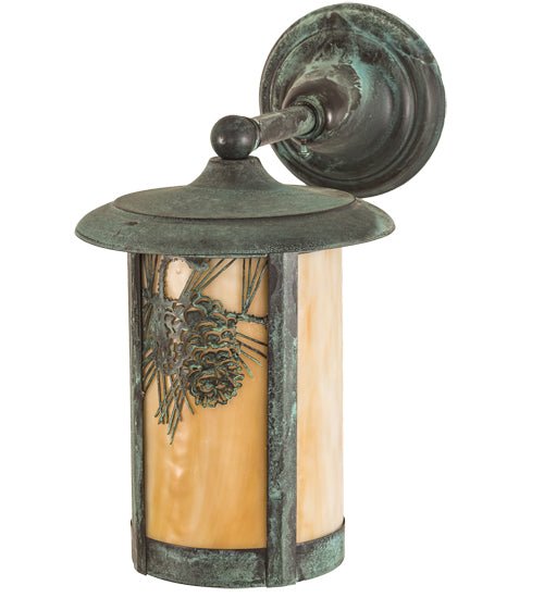 Meyda Lighting Fulton 8" Verdigris Winter Pine Solid Mount Wall Sconce With Beige Iridescent Shade Glass