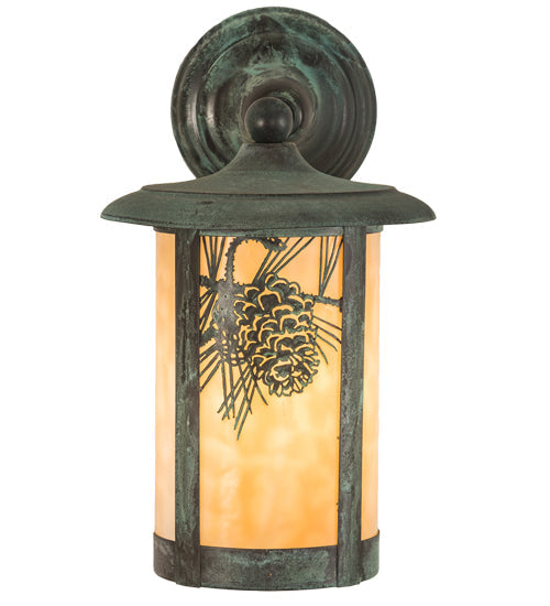 Meyda Lighting Fulton 8" Verdigris Winter Pine Solid Mount Wall Sconce With Beige Iridescent Shade Glass