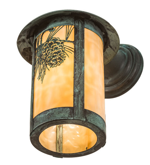 Meyda Lighting Fulton 8" Verdigris Winter Pine Solid Mount Wall Sconce With Beige Iridescent Shade Glass