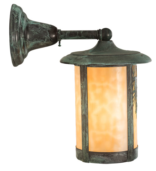 Meyda Lighting Fulton 8" Verdigris Winter Pine Solid Mount Wall Sconce With Beige Iridescent Shade Glass