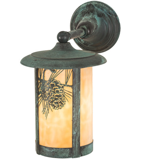 Meyda Lighting Fulton 8" Verdigris Winter Pine Solid Mount Wall Sconce With Beige Iridescent Shade Glass