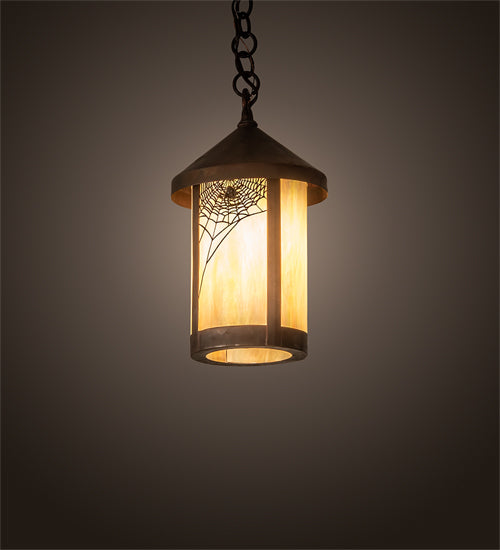 Meyda Lighting Fulton 8" Vintage Copper Spider Web Ceiling Pendant Light With Beige Art Shade Glass