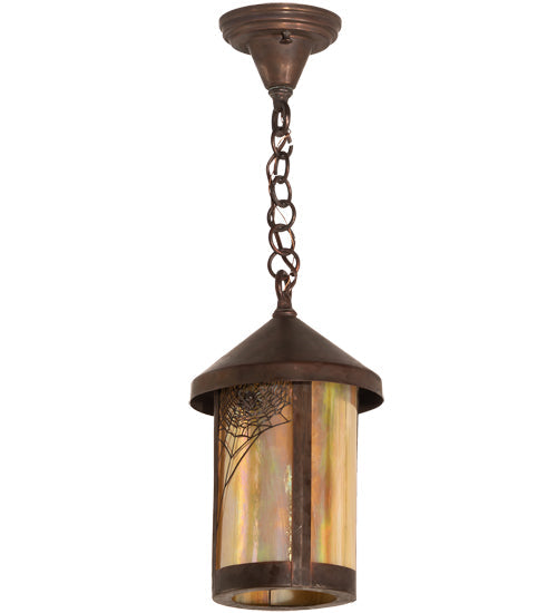 Meyda Lighting Fulton 8" Vintage Copper Spider Web Ceiling Pendant Light With Beige Art Shade Glass