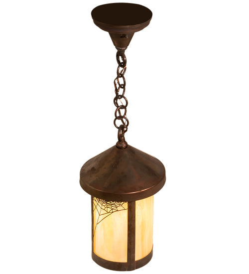 Meyda Lighting Fulton 8" Vintage Copper Spider Web Ceiling Pendant Light With Beige Art Shade Glass
