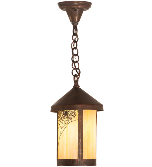 Meyda Lighting Fulton 8" Vintage Copper Spider Web Ceiling Pendant Light With Beige Art Shade Glass