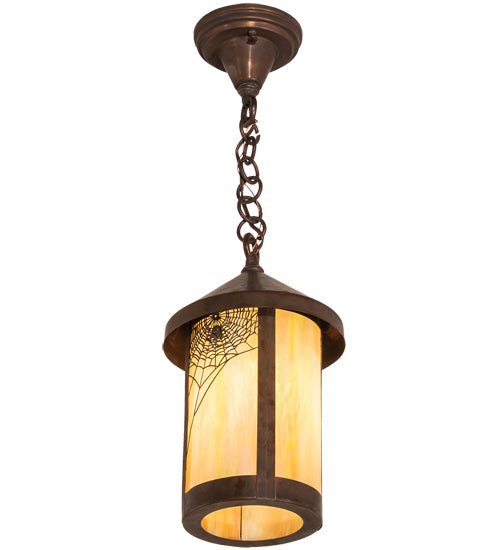Meyda Lighting Fulton 8" Vintage Copper Spider Web Ceiling Pendant Light With Beige Art Shade Glass