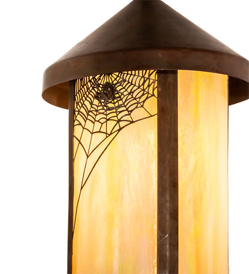 Meyda Lighting Fulton 8" Vintage Copper Spider Web Ceiling Pendant Light With Beige Art Shade Glass