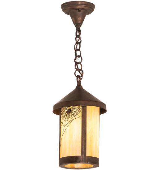 Meyda Lighting Fulton 8" Vintage Copper Spider Web Ceiling Pendant Light With Beige Art Shade Glass