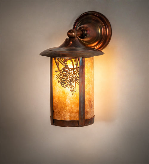 Meyda Lighting Fulton 8" Vintage Copper Winter Pine Solid Mount Wall Sconce With Amber Mica Shade Glass