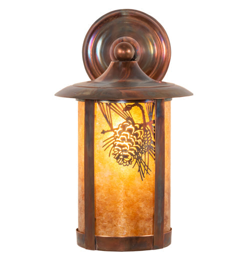 Meyda Lighting Fulton 8" Vintage Copper Winter Pine Solid Mount Wall Sconce With Amber Mica Shade Glass