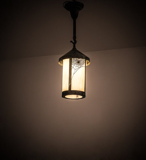 Meyda Lighting Fulton 9" Verdigris Spider Web Mini Pendant Light With Beige Iridescent Shade Glass
