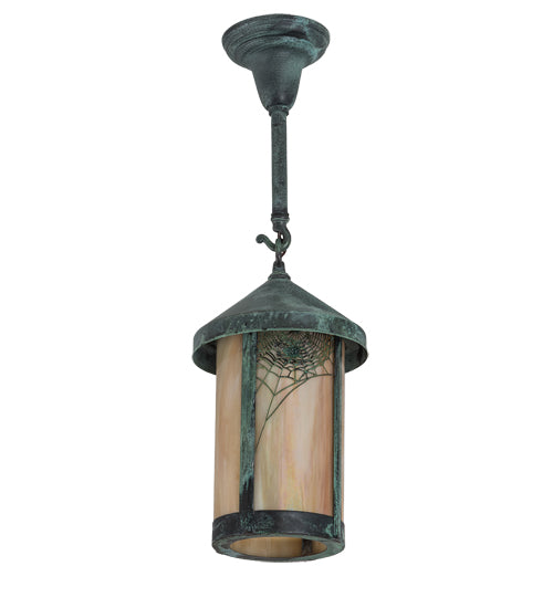 Meyda Lighting Fulton 9" Verdigris Spider Web Mini Pendant Light With Beige Iridescent Shade Glass