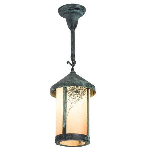 Meyda Lighting Fulton 9" Verdigris Spider Web Mini Pendant Light With Beige Iridescent Shade Glass