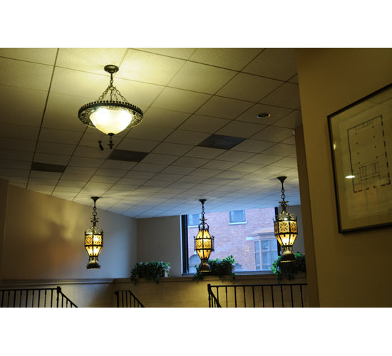 Meyda Lighting Gaetano 23" 7-Light Weathered Bronze Pendant Light With Amber Mica Shade Glass