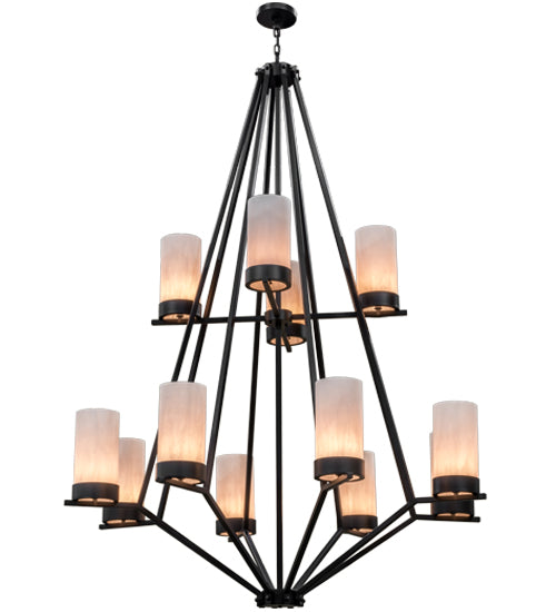 Meyda Lighting Galen 60" 12-Light 2-Tier Textured Black Chandelier With Whitestone Idalight Shade Glass