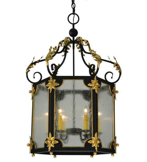 Meyda Lighting Ganser 25" 6-Light Blackwash & Gold Accents Lantern Pendant Light With Clear Seeded Shade Glass