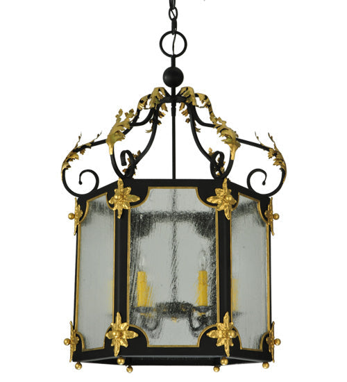 Meyda Lighting Ganser 25" 6-Light Blackwash & Gold Accents Lantern Pendant Light With Clear Seeded Shade Glass