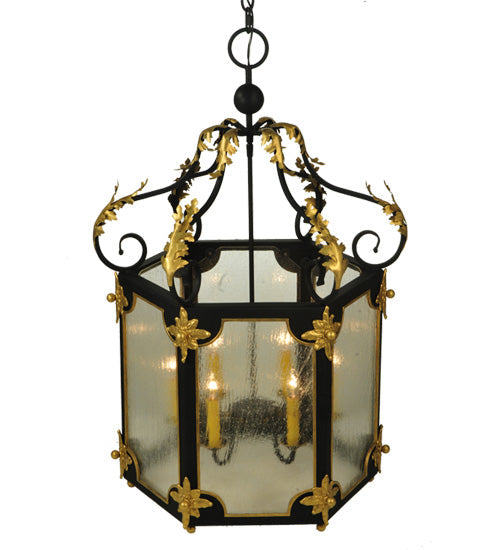 Meyda Lighting Ganser 25" 6-Light Blackwash & Gold Accents Lantern Pendant Light With Clear Seeded Shade Glass