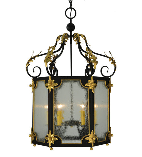 Meyda Lighting Ganser 25" 6-Light Blackwash & Gold Accents Lantern Pendant Light With Clear Seeded Shade Glass