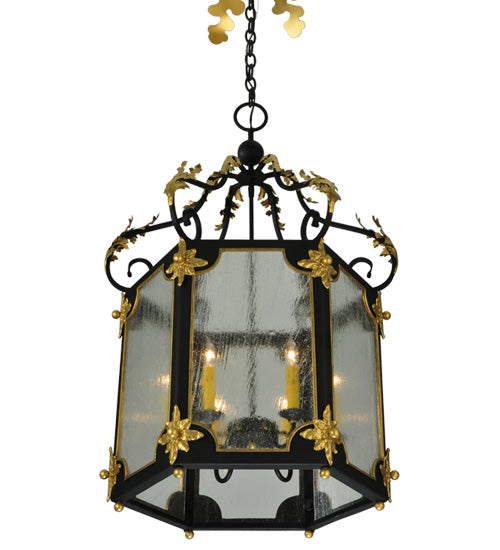 Meyda Lighting Ganser 25" 6-Light Blackwash & Gold Accents Lantern Pendant Light With Clear Seeded Shade Glass