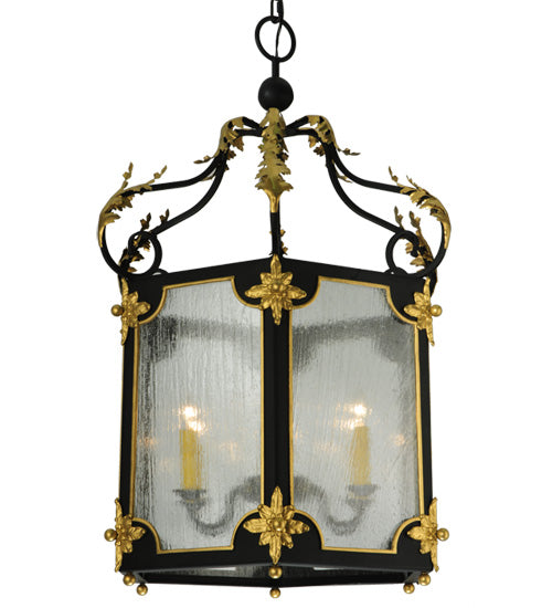 Meyda Lighting Ganser 25" 6-Light Blackwash & Gold Accents Lantern Pendant Light With Clear Seeded Shade Glass