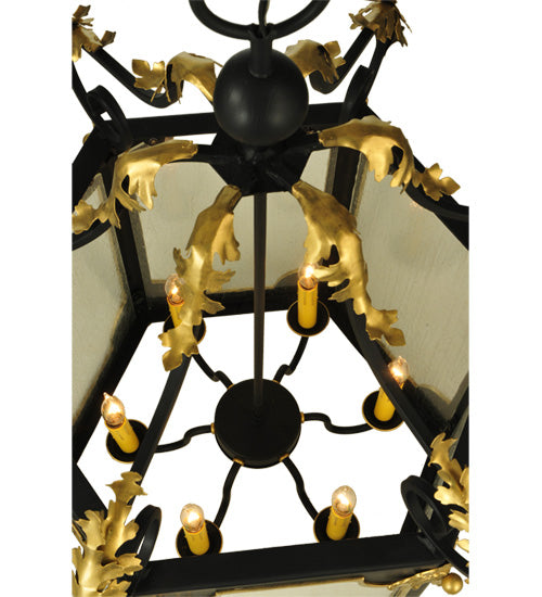 Meyda Lighting Ganser 25" 6-Light Blackwash & Gold Accents Lantern Pendant Light With Clear Seeded Shade Glass