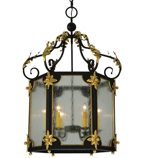 Meyda Lighting Ganser 25" 6-Light Blackwash & Gold Accents Lantern Pendant Light With Clear Seeded Shade Glass
