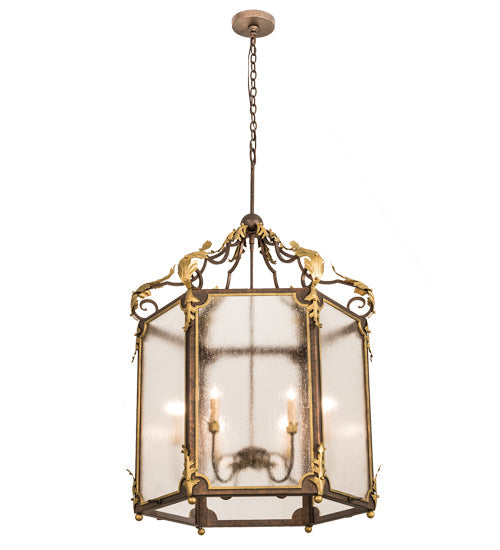 Meyda Lighting Ganser 34" 6-Light Gilded Tobacco & Gold Highlights Lantern Pendant Light With Clear Rainstone Idalight Shade Glass