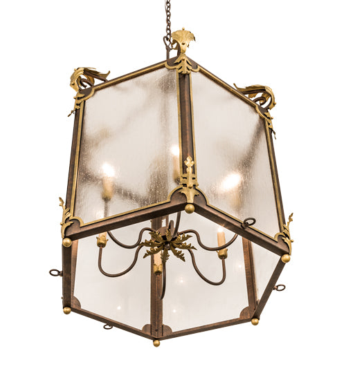 Meyda Lighting Ganser 34" 6-Light Gilded Tobacco & Gold Highlights Lantern Pendant Light With Clear Rainstone Idalight Shade Glass