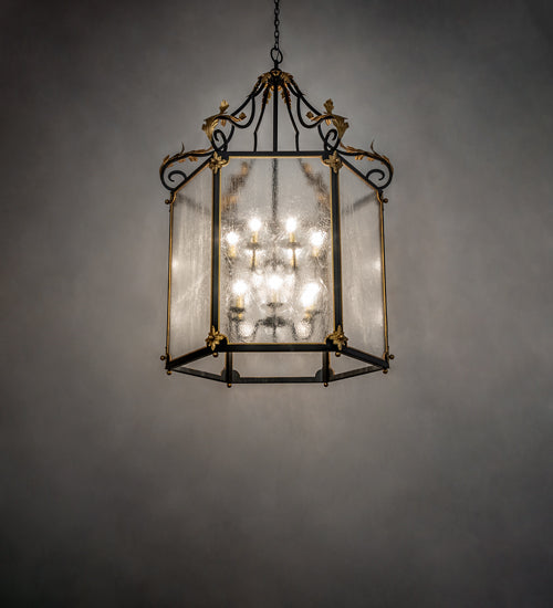 Meyda Lighting Ganser 48" 12-Light Solar Black & Gold Lantern Pendant Light With Clear Seeded Shade Glass