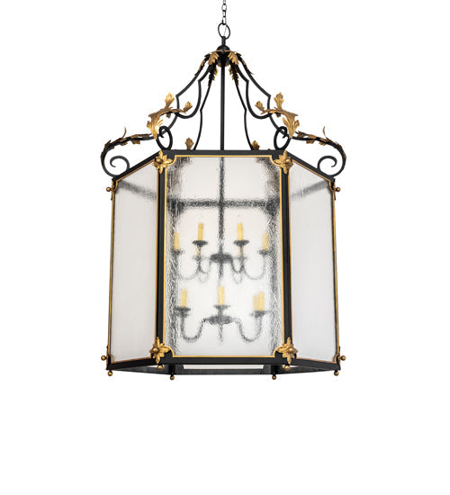 Meyda Lighting Ganser 48" 12-Light Solar Black & Gold Lantern Pendant Light With Clear Seeded Shade Glass