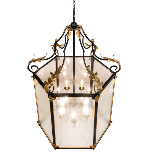 Meyda Lighting Ganser 48" 12-Light Solar Black & Gold Lantern Pendant Light With Clear Seeded Shade Glass