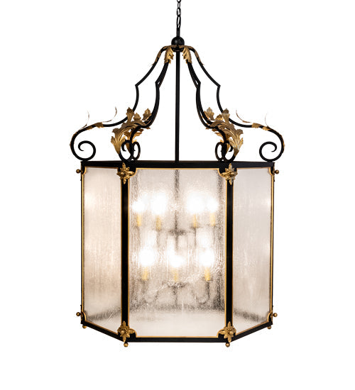 Meyda Lighting Ganser 48" 12-Light Solar Black & Gold Lantern Pendant Light With Clear Seeded Shade Glass