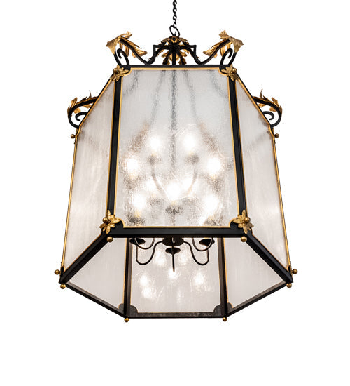 Meyda Lighting Ganser 48" 12-Light Solar Black & Gold Lantern Pendant Light With Clear Seeded Shade Glass