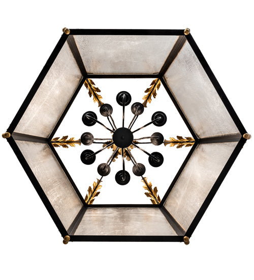 Meyda Lighting Ganser 48" 12-Light Solar Black & Gold Lantern Pendant Light With Clear Seeded Shade Glass