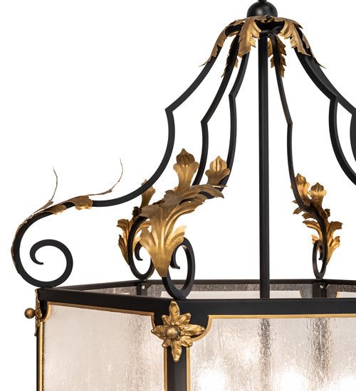 Meyda Lighting Ganser 48" 12-Light Solar Black & Gold Lantern Pendant Light With Clear Seeded Shade Glass