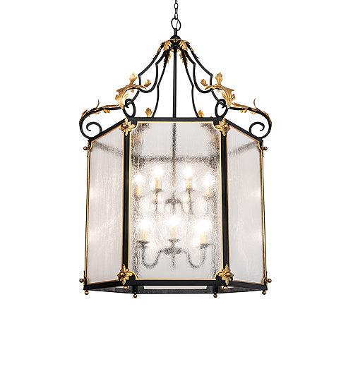 Meyda Lighting Ganser 48" 12-Light Solar Black & Gold Lantern Pendant Light With Clear Seeded Shade Glass