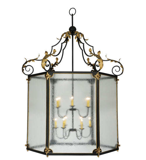Meyda Lighting Ganser 60" 12-Light Black & Gold Lantern Pendant Light With Clear Seeded Shade Glass