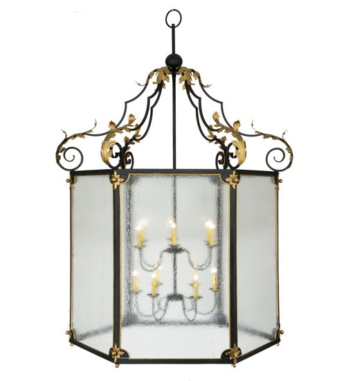 Meyda Lighting Ganser 60" 12-Light Black & Gold Lantern Pendant Light With Clear Seeded Shade Glass