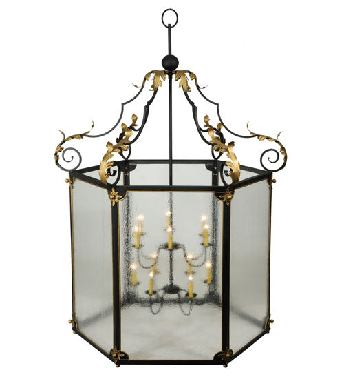 Meyda Lighting Ganser 60" 12-Light Black & Gold Lantern Pendant Light With Clear Seeded Shade Glass